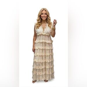 Women's Cream Ruffled Tiered V-Neck Dress new